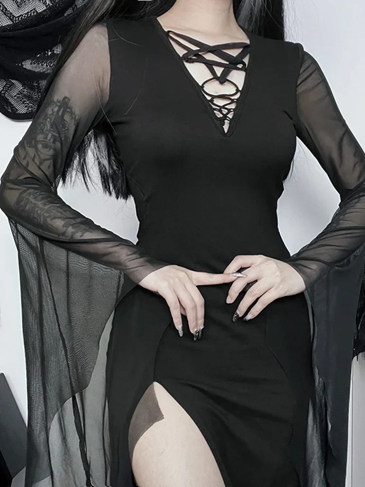 Dark Halloween Mesh Patchwork Flare Sleeve Maxi Dress - Image 3