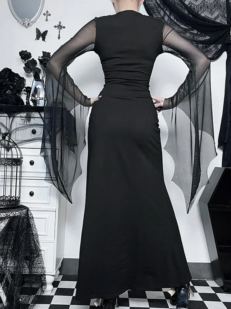 Dark Halloween Mesh Patchwork Flare Sleeve Maxi Dress - Image 4