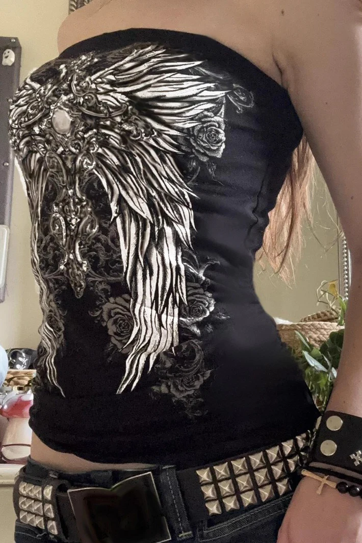 Dark Retro Wings Print Bandeau Tank Top - Image 3