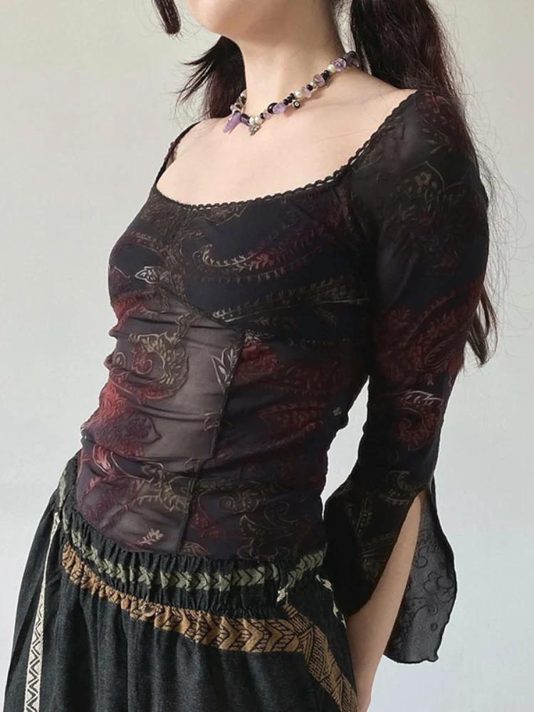 Floral Square Collar Knit Top - Image 3