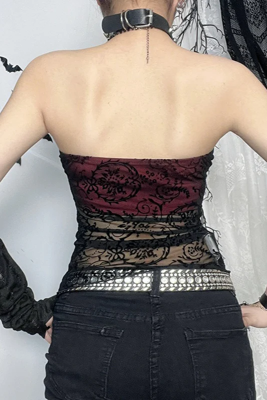 Gothic Flocked Strapless Slim Fit Tank Top - Image 4