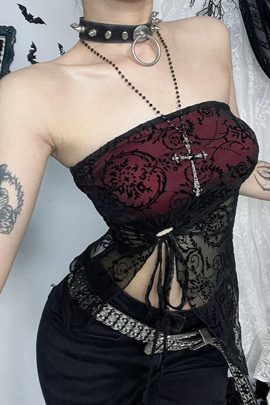 Gothic Flocked Strapless Slim Fit Tank Top - Image 5