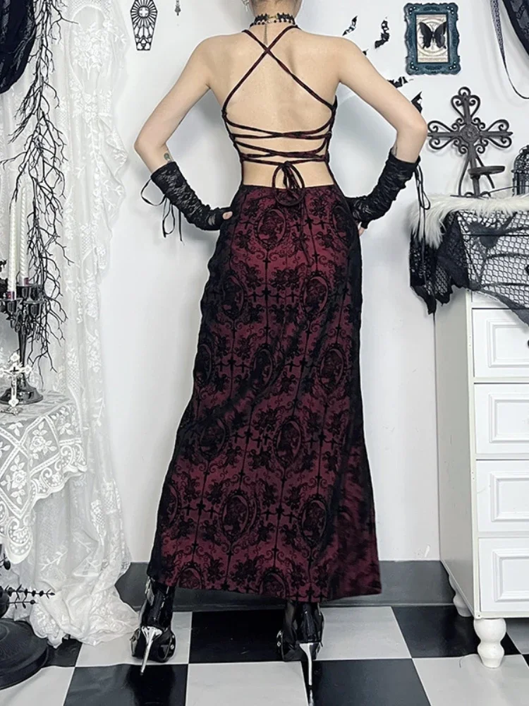 Halloween Cross Floral Halter Flocking Maxi Dress - Image 4