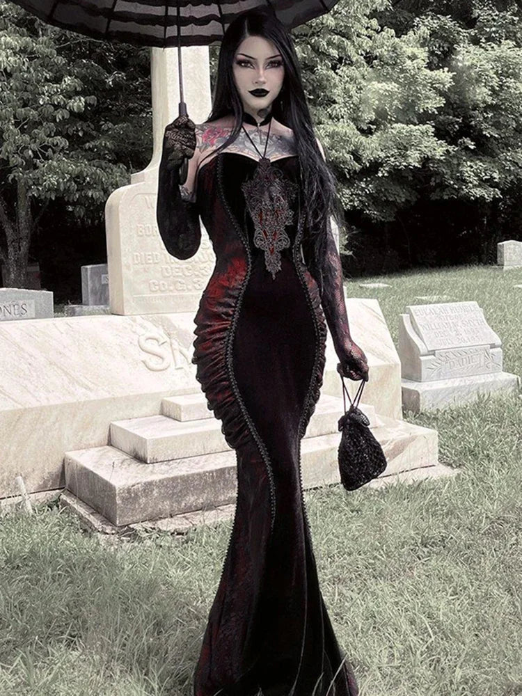 Halloween Embroidered Patchwork Halter Maxi Dress - Image 3