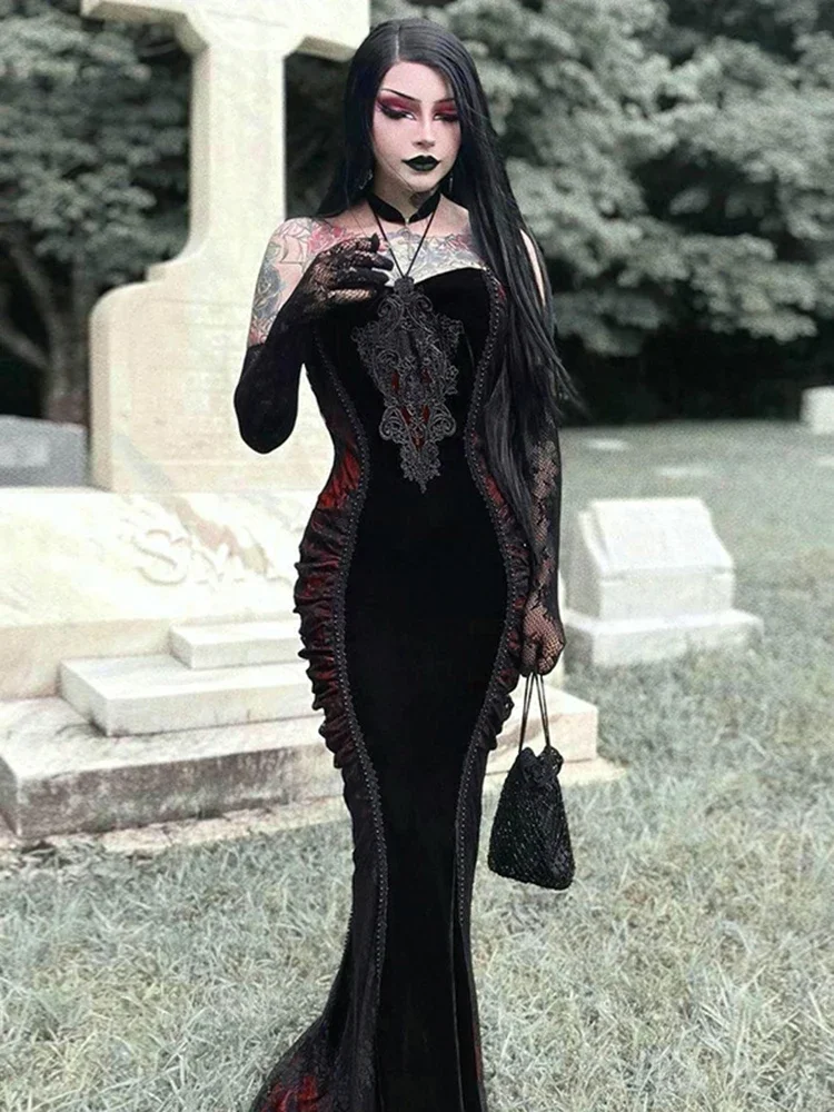 Halloween Embroidered Patchwork Halter Maxi Dress - Image 4