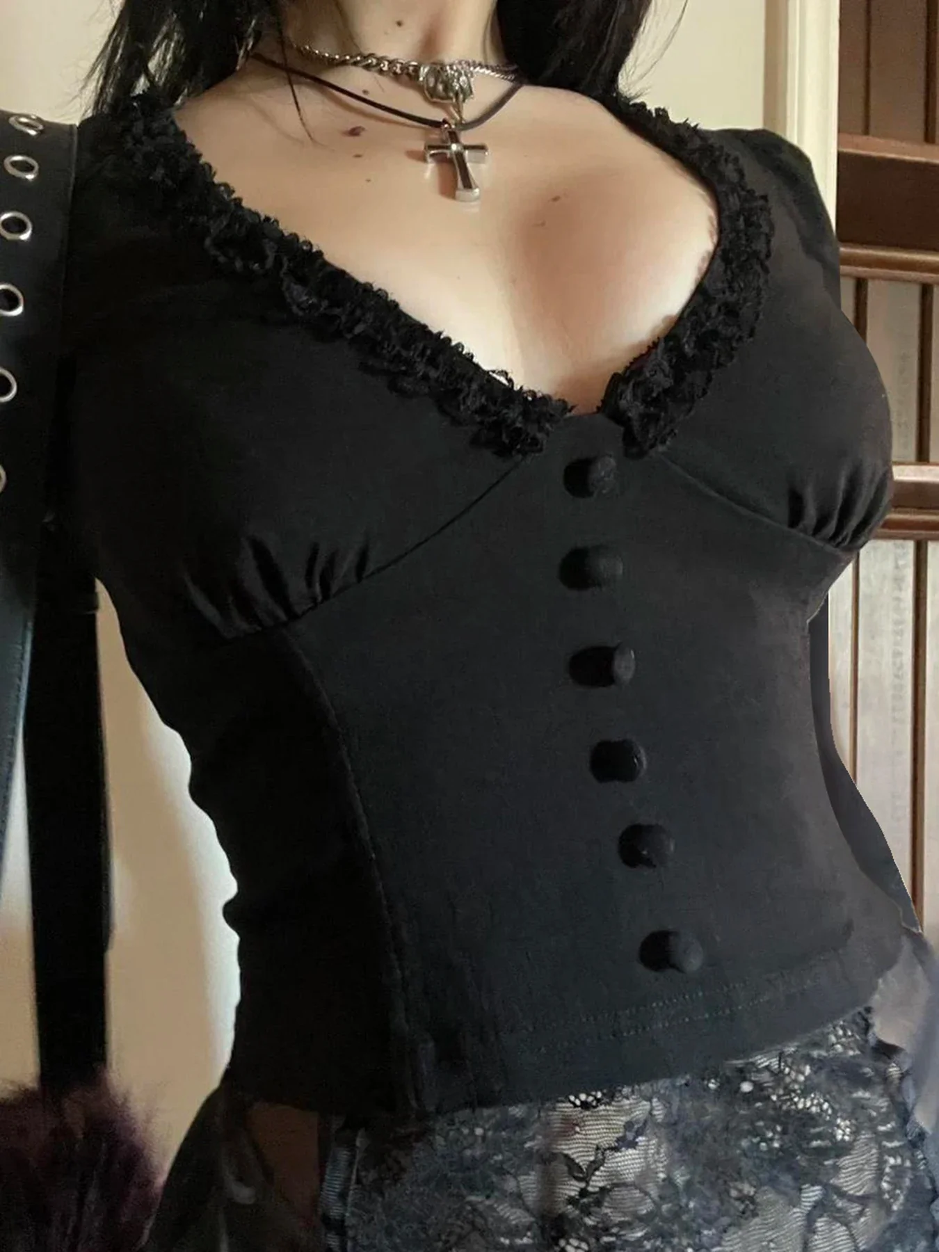 Lace Button Sleeve Knit Top - Image 4