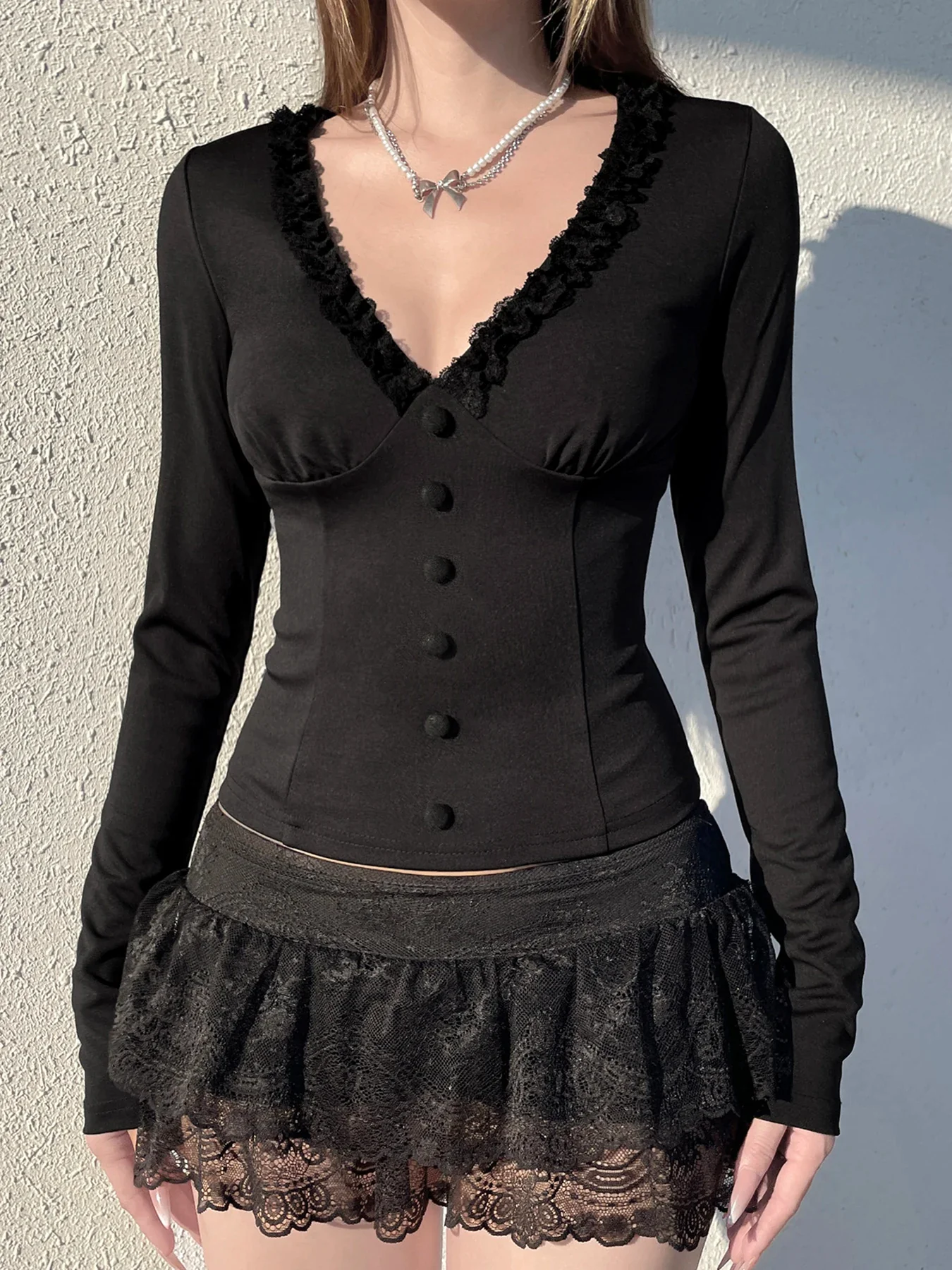 Lace Button Sleeve Knit Top - Image 6