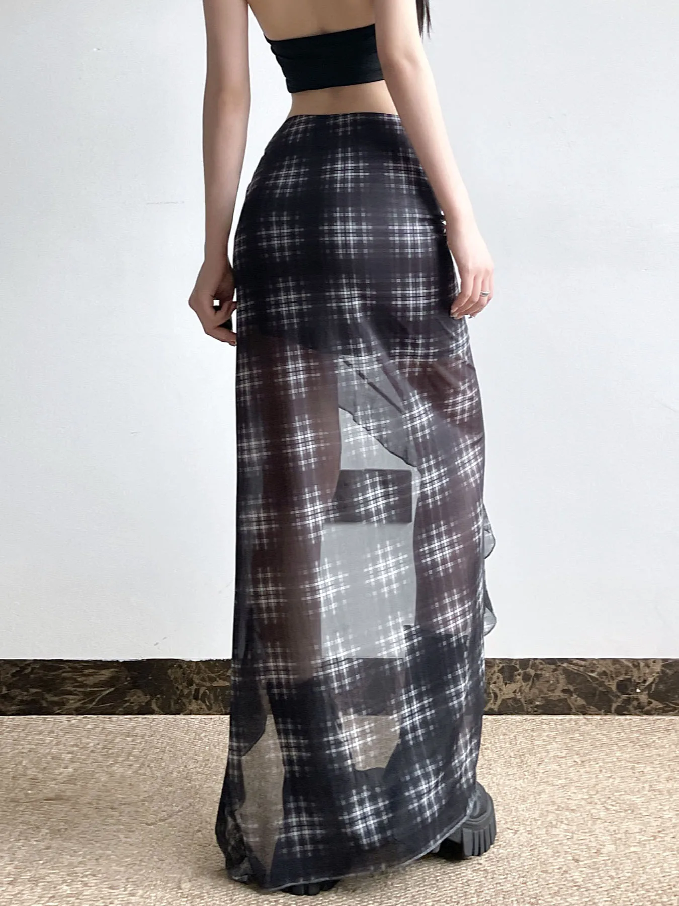 Plaid Drawstring See Through Skirt - Image 3