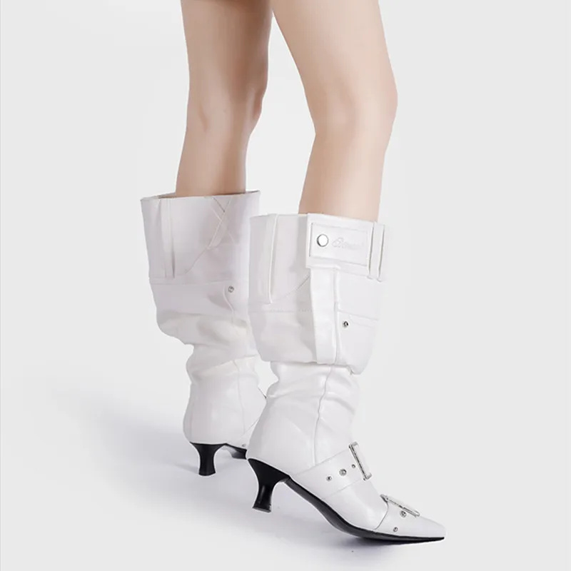 Pointed Toe Metal Rivet Gothic Knee-High Boot - Image 5