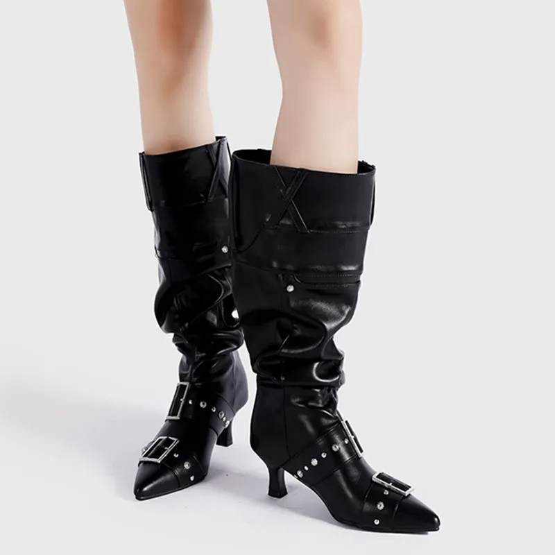 Pointed Toe Metal Rivet Gothic Knee-High Boot - Image 6