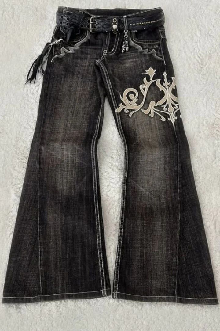 Retro Y2K Boho Tribal Embroidered Denim Pants - Image 3