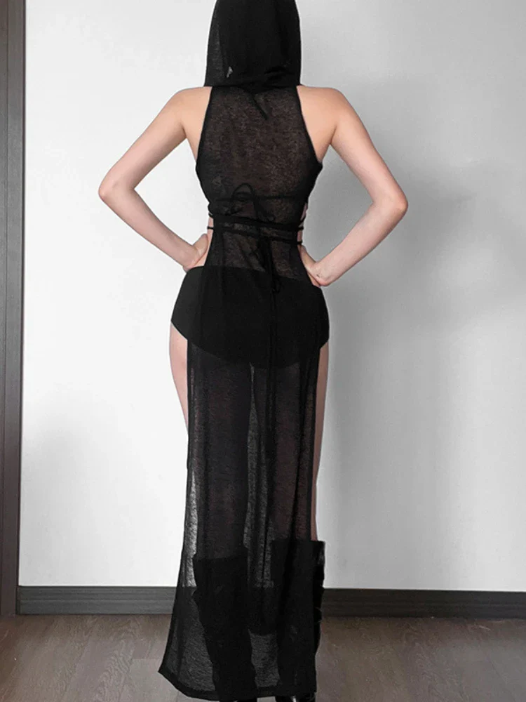 Sexy Punk Mesh Hollow Hooded Maxi Dress - Image 5