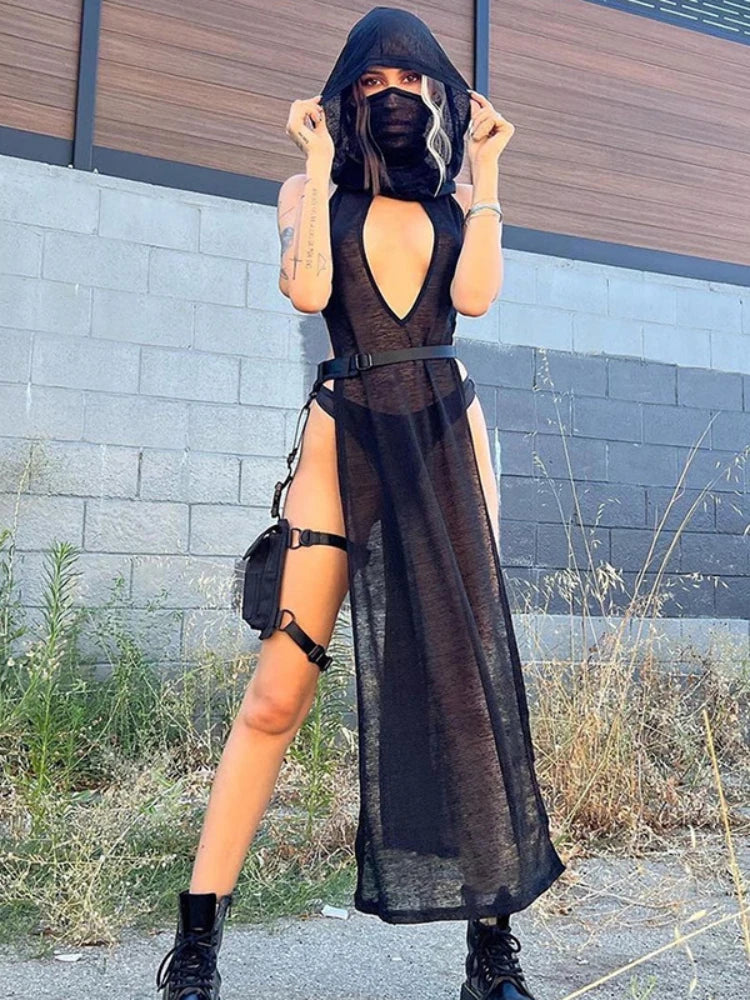 Sexy Punk Mesh Hollow Hooded Maxi Dress - Image 6