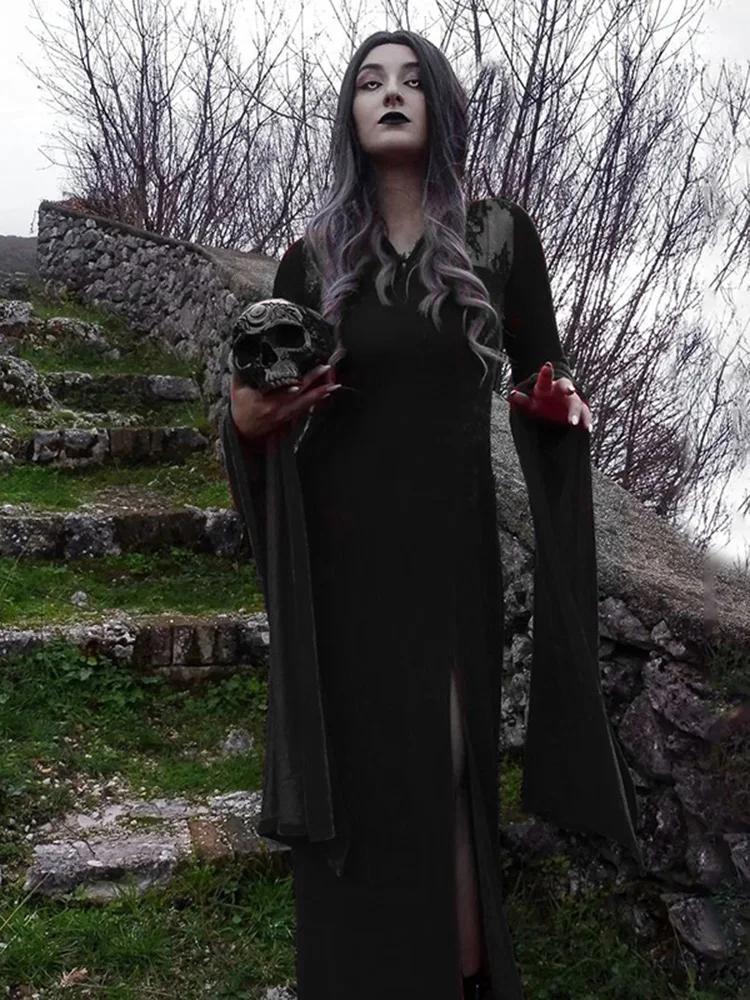 Vintage Halloween Lace Patchwork Flare Sleeve Maxi Dress - Image 3