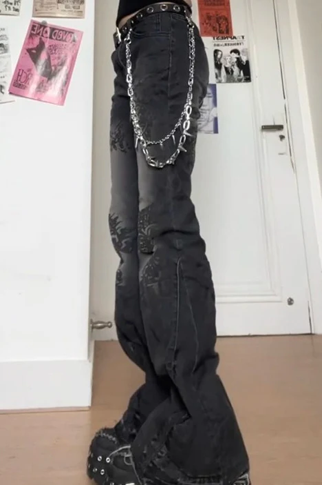 Y2K Alt-Culture Washed Print Bootcut Slim Denim Pants - Image 4