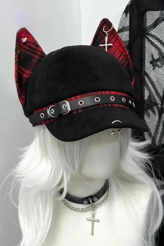 Y2K Gothic Punk Devil Ear Leather Buckle Cross Black Beret Hat - Image 3