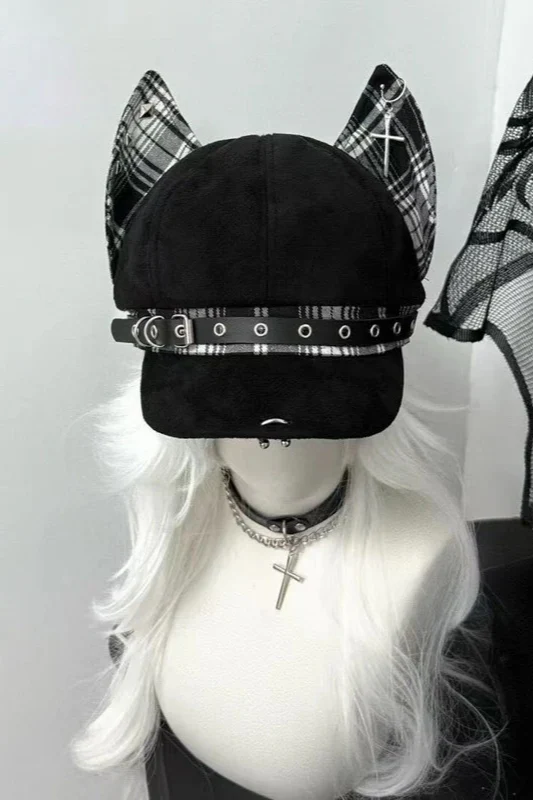 Y2K Gothic Punk Devil Ear Leather Buckle Cross Black Beret Hat - Image 4