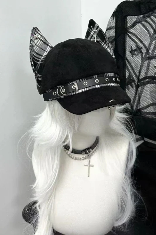 Y2K Gothic Punk Devil Ear Leather Buckle Cross Black Beret Hat - Image 5