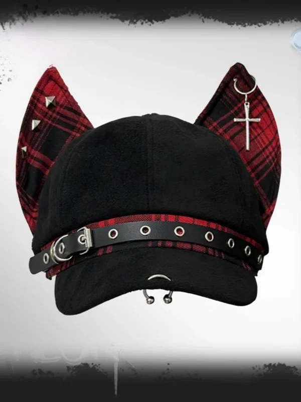 Y2K Gothic Punk Devil Ear Leather Buckle Cross Black Beret Hat - Image 6