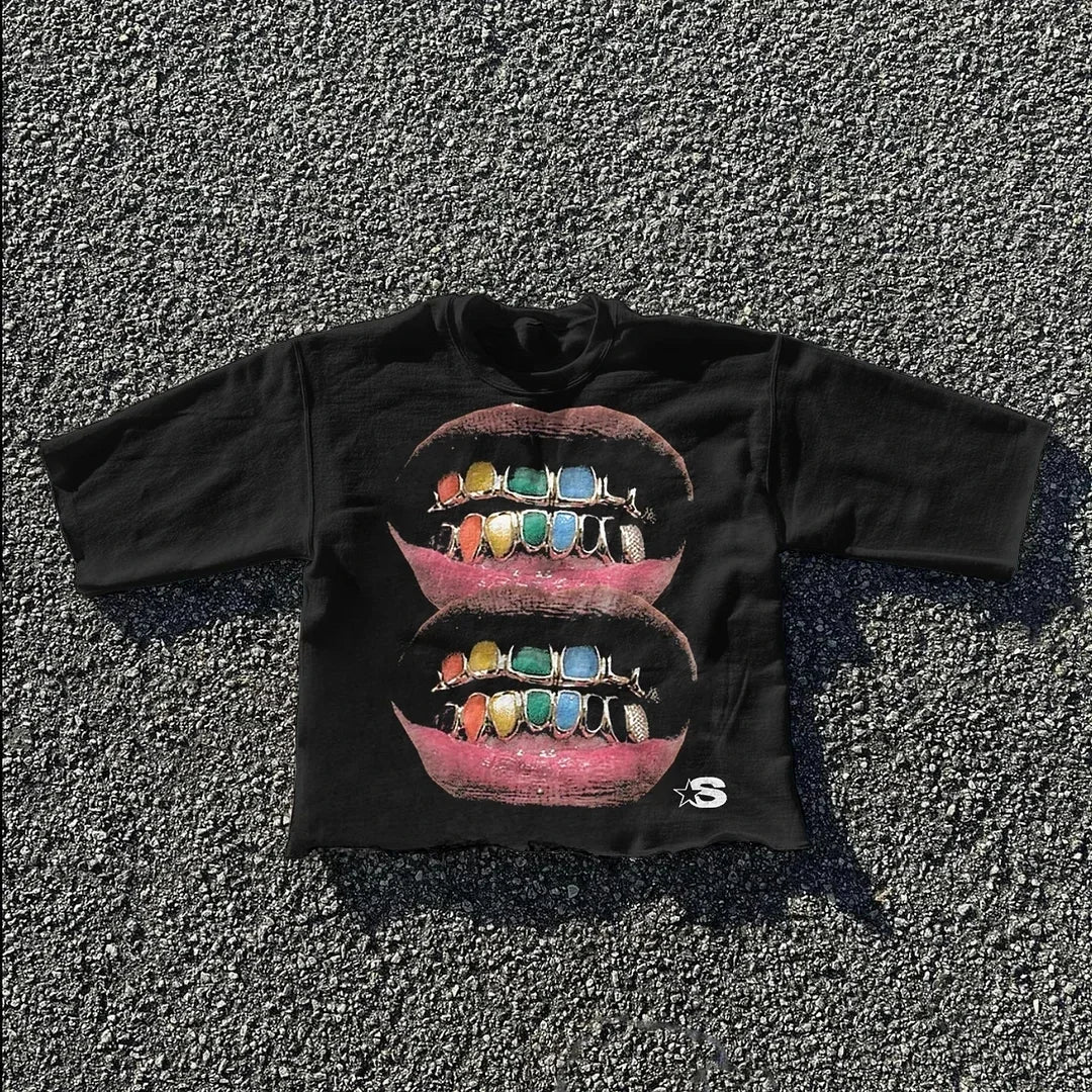 Y2K Lips Teeth Graphic Printed Cotton T-shirt - Image 5
