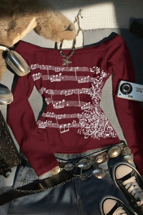 Y2K Note Print Tie Patchwork Long Sleeve  Knit Top - Image 3